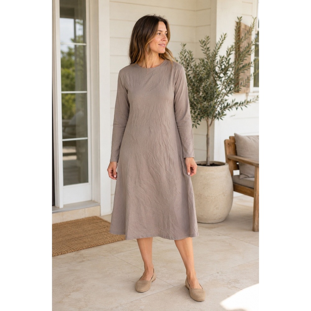 Moda Bengisu Women Taupe Viscose Long Sleeve A-Line Midi Dress Size 38 Turkey